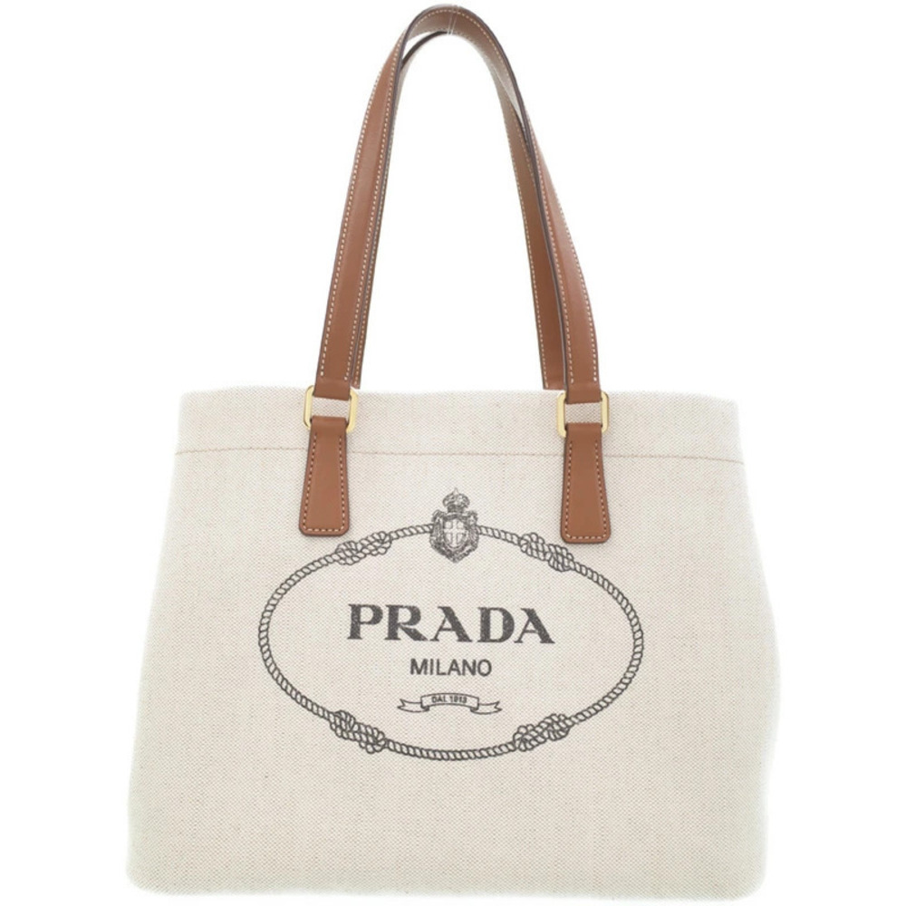 Prada canvas tote bag brown leather handles Beige White
